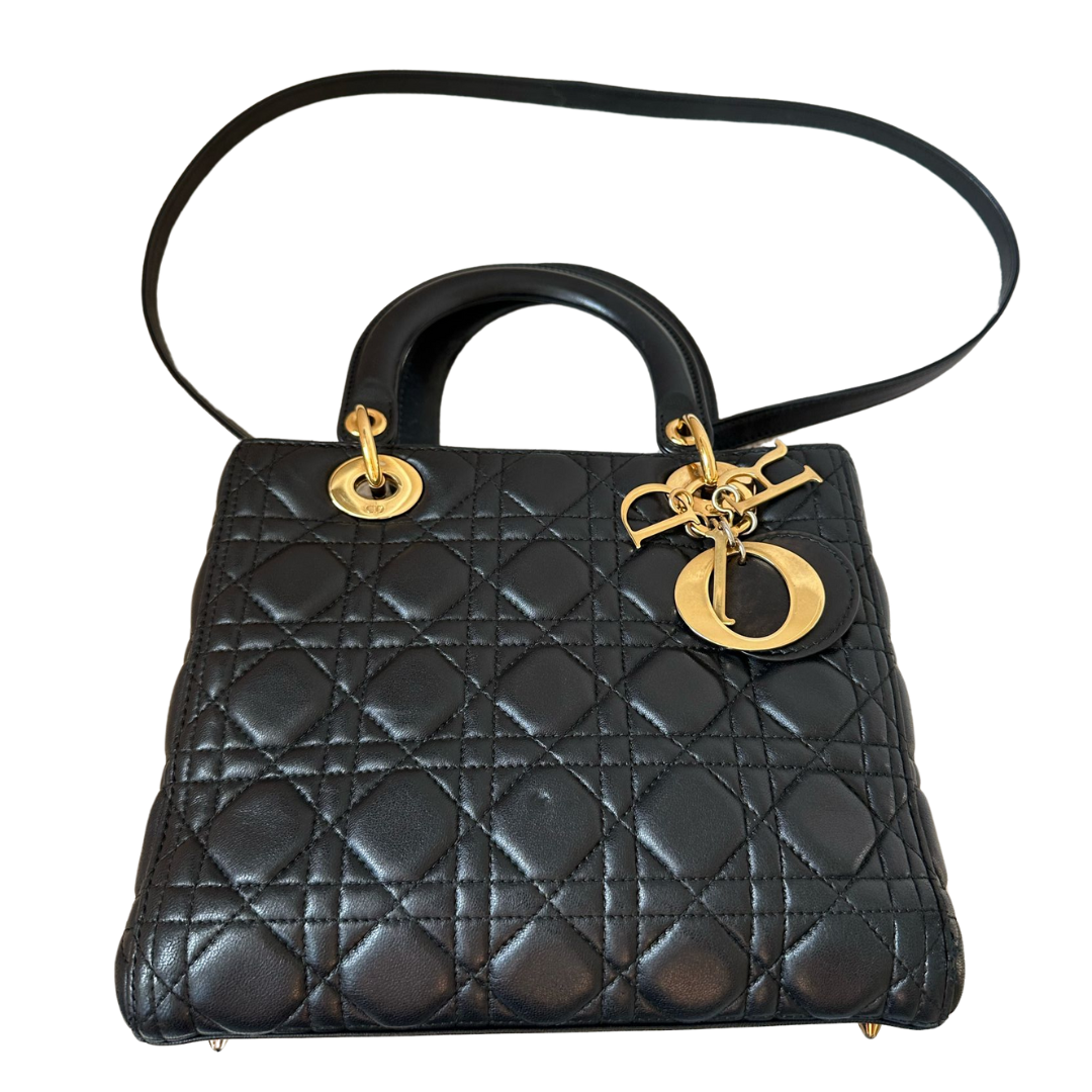 DIOR Lady Leather Handbag Black with Gold