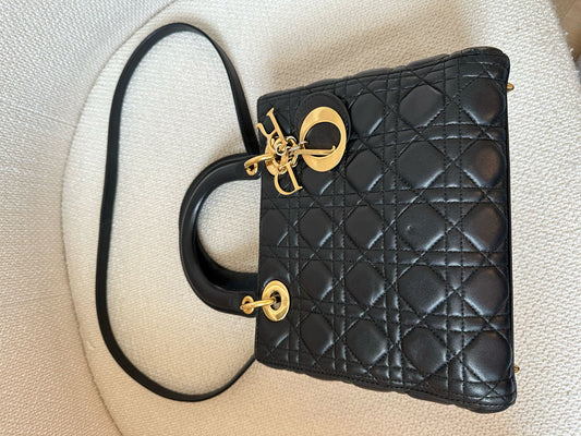 DIOR Lady Leather Handbag Black with Gold