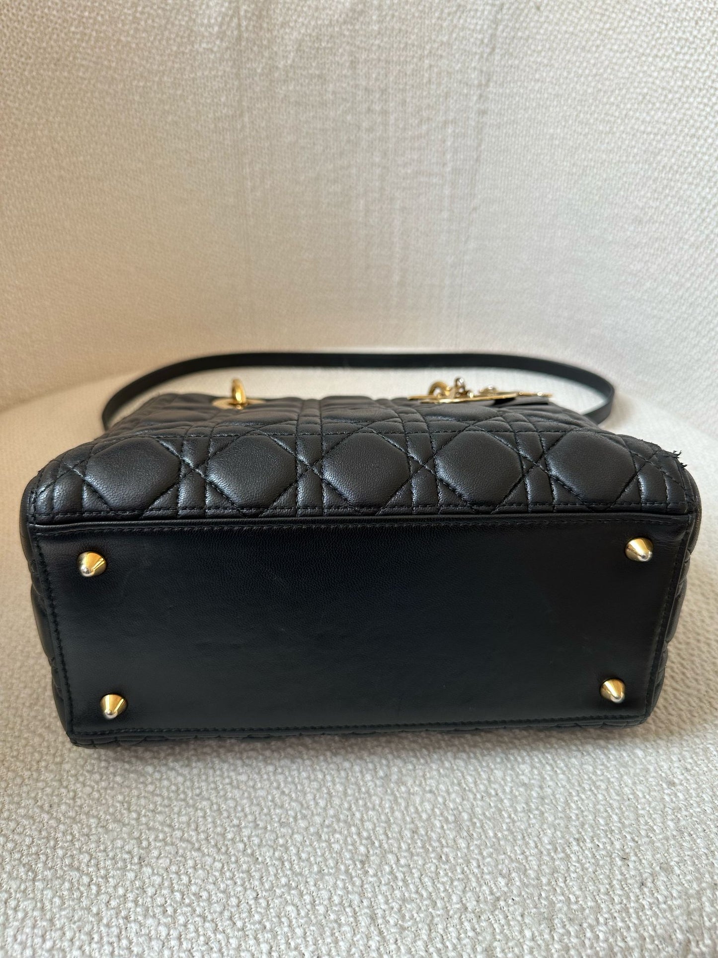 DIOR Lady Leather Handbag Black with Gold