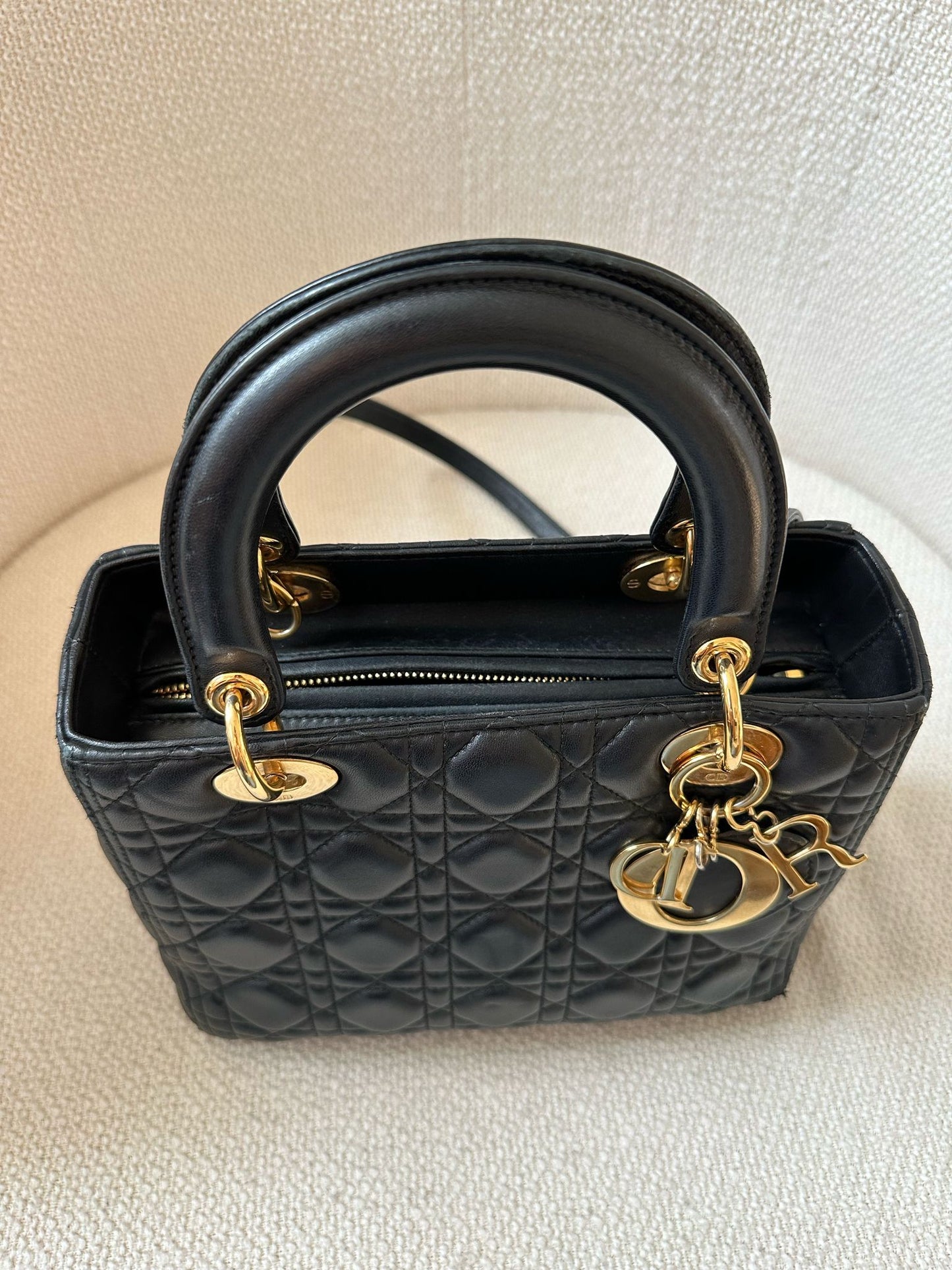 DIOR Lady Leather Handbag Black with Gold