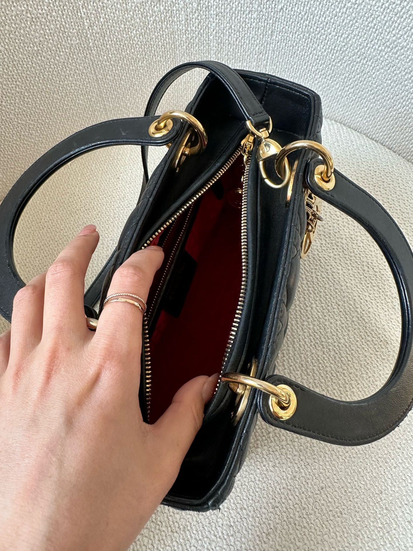 DIOR Lady Leather Handbag Black with Gold