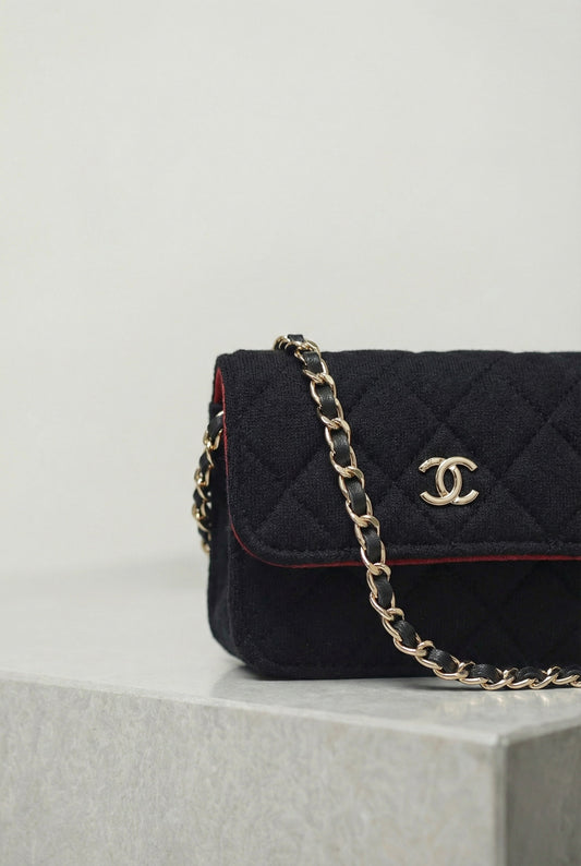 Chanel Black Cotton / Jersey Mini Clutch on Chain Novelty Bag RFID