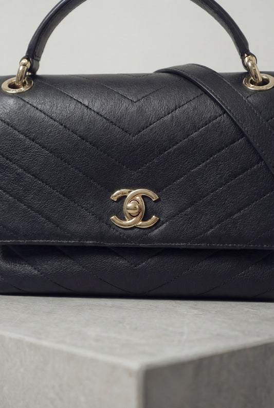 Chanel Chevron Chic Top Handle Flap Black Calfskin Shoulder Bag