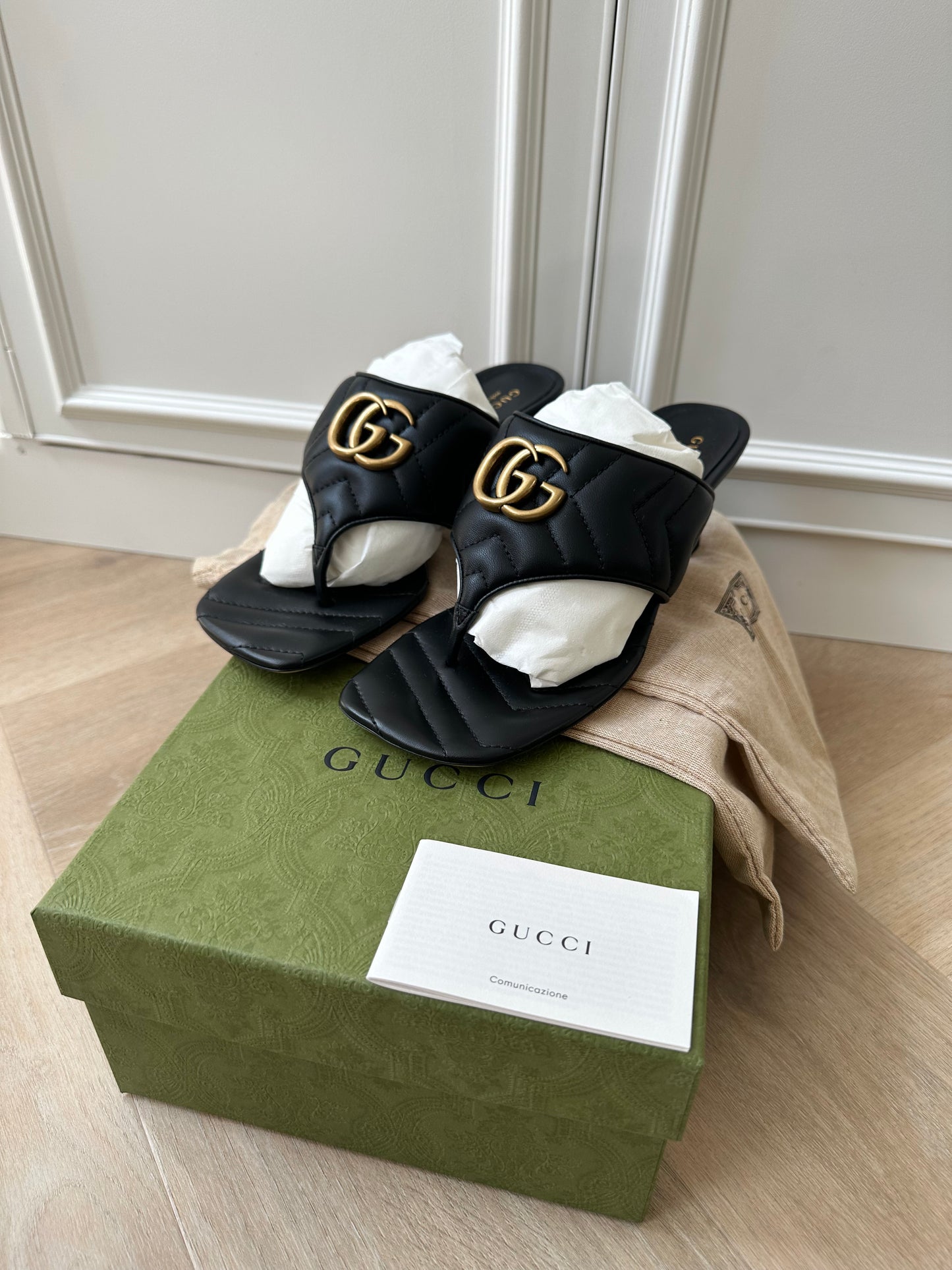 GUCCI Marmont Black Thong Sandal with Heel, size EU37