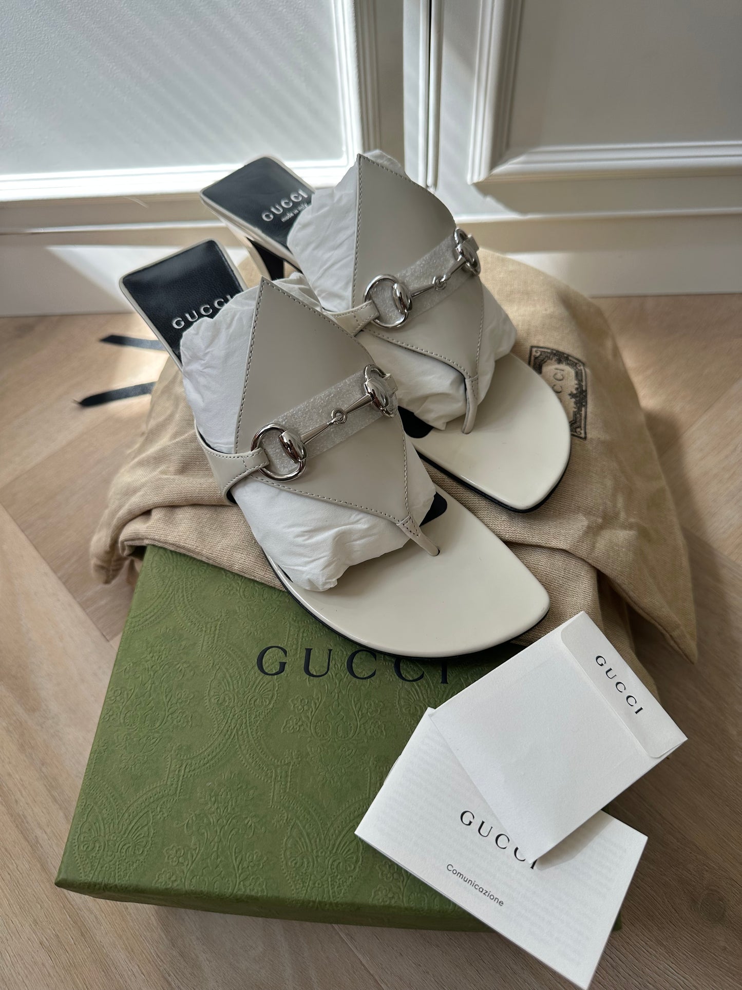 GUCCI Horsebit White Thong Sandal, size EU37