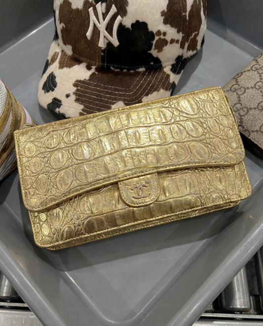 Chanel 19A Gold Embossed Long Wallet Wristlet Clutch