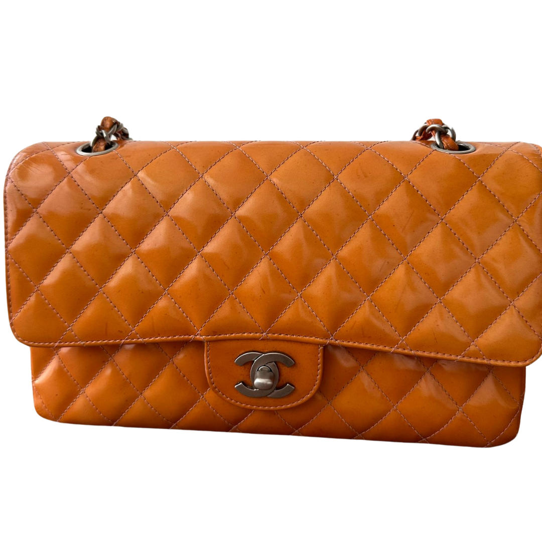 CHANEL Orange Medium Classic Double Flag Bag