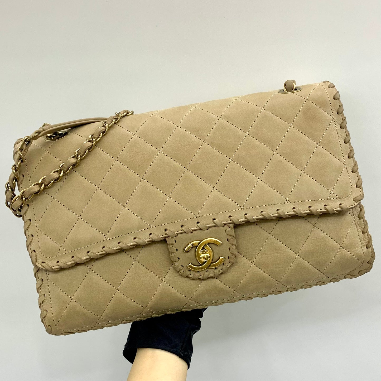 Chanel Happy Stitch Jumbo Flap Bag Beige Calfskin