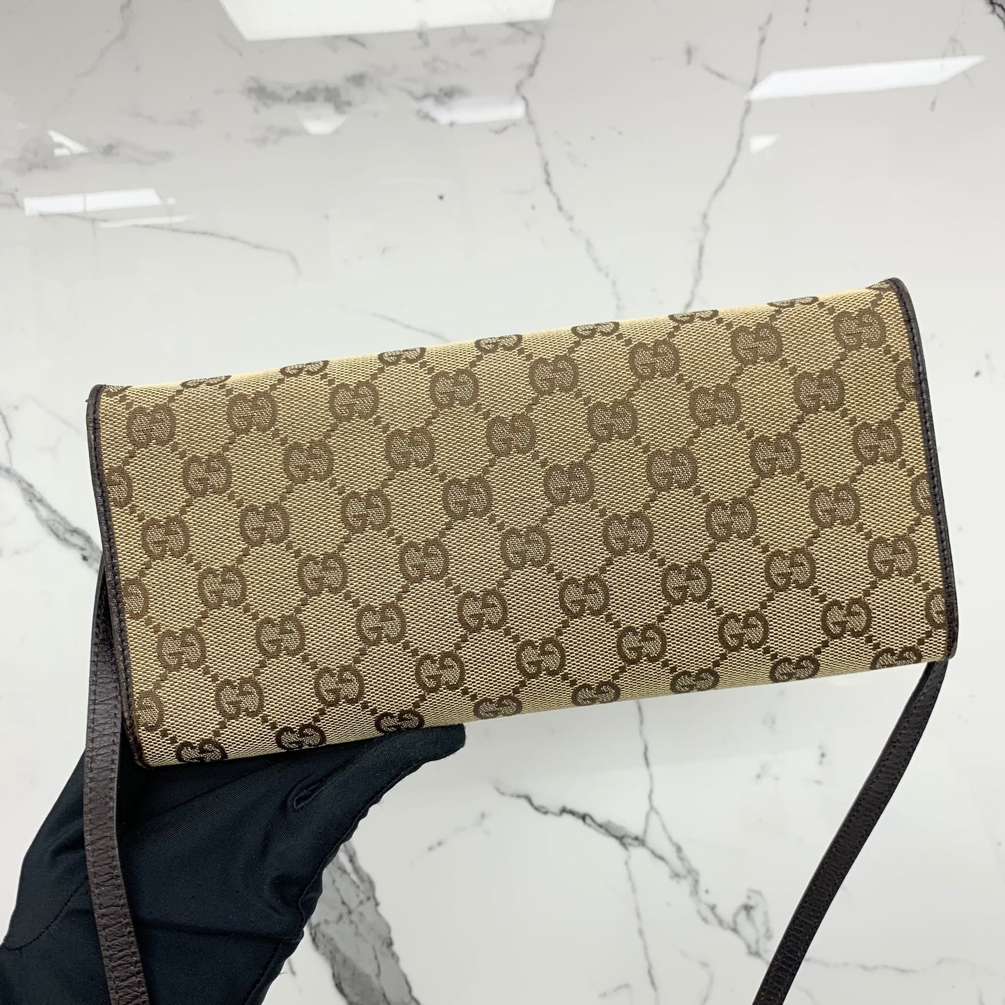 Gucci Beige Canvas Bamboo GG Pouch Shoulder Bag