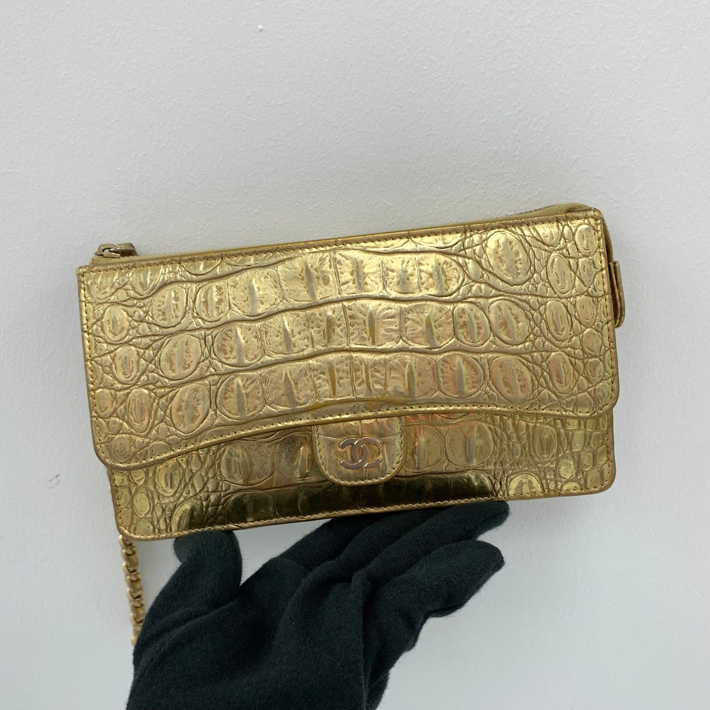 Chanel 19A Gold Embossed Long Wallet Wristlet Clutch