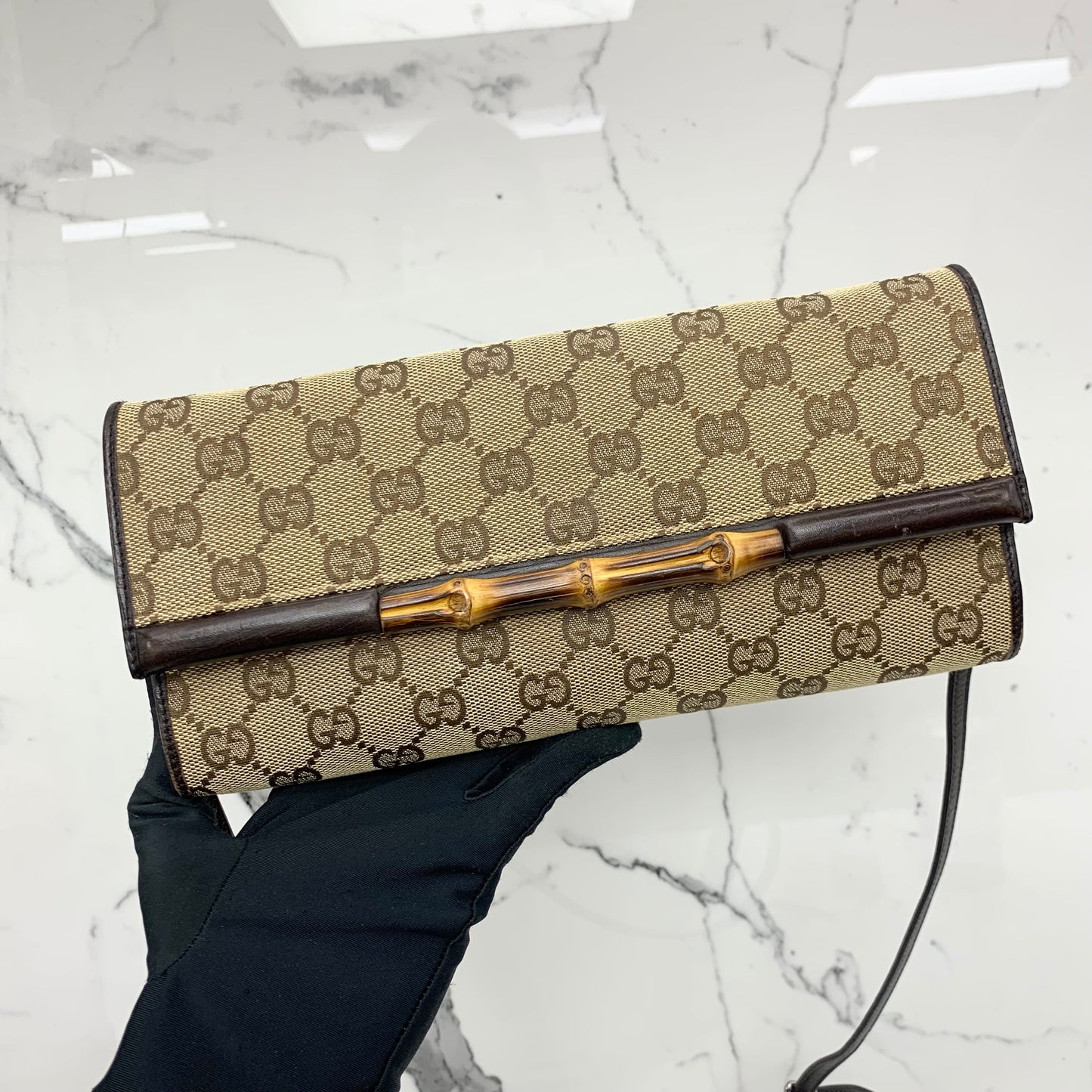 Gucci Beige Canvas Bamboo GG Pouch Shoulder Bag