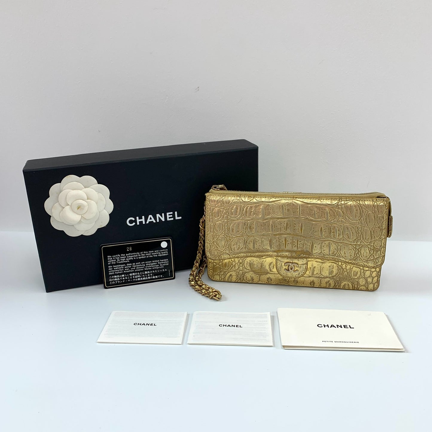 Chanel 19A Gold Embossed Long Wallet Wristlet Clutch