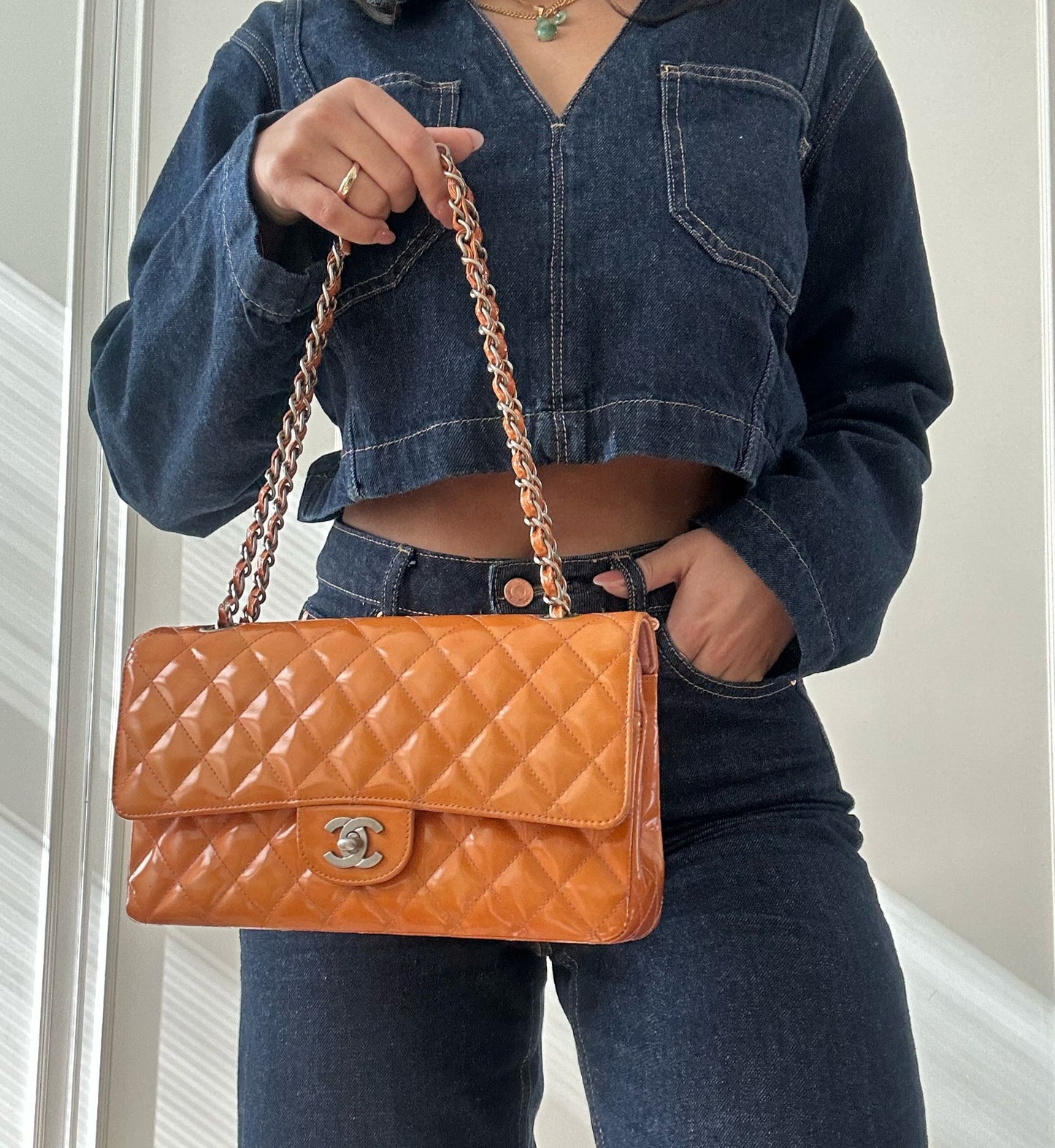 CHANEL Orange Medium Classic Double Flag Bag