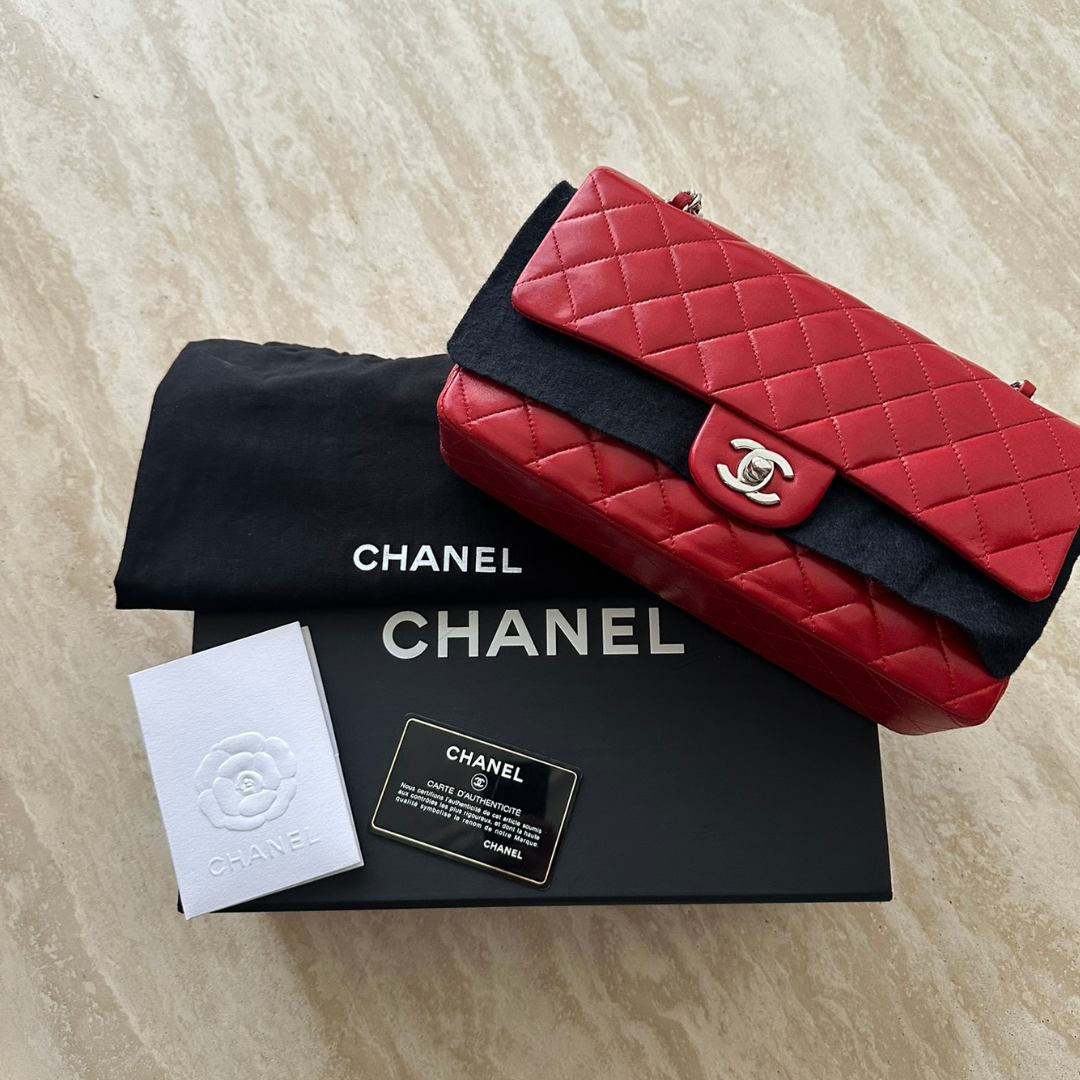 Chanel Classic Double Flap Medium Red Lambskin Shoulder Bag