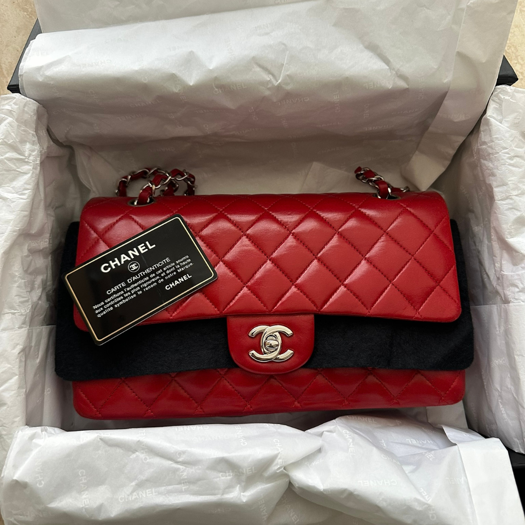 Chanel Classic Double Flap Medium Red Lambskin Shoulder Bag