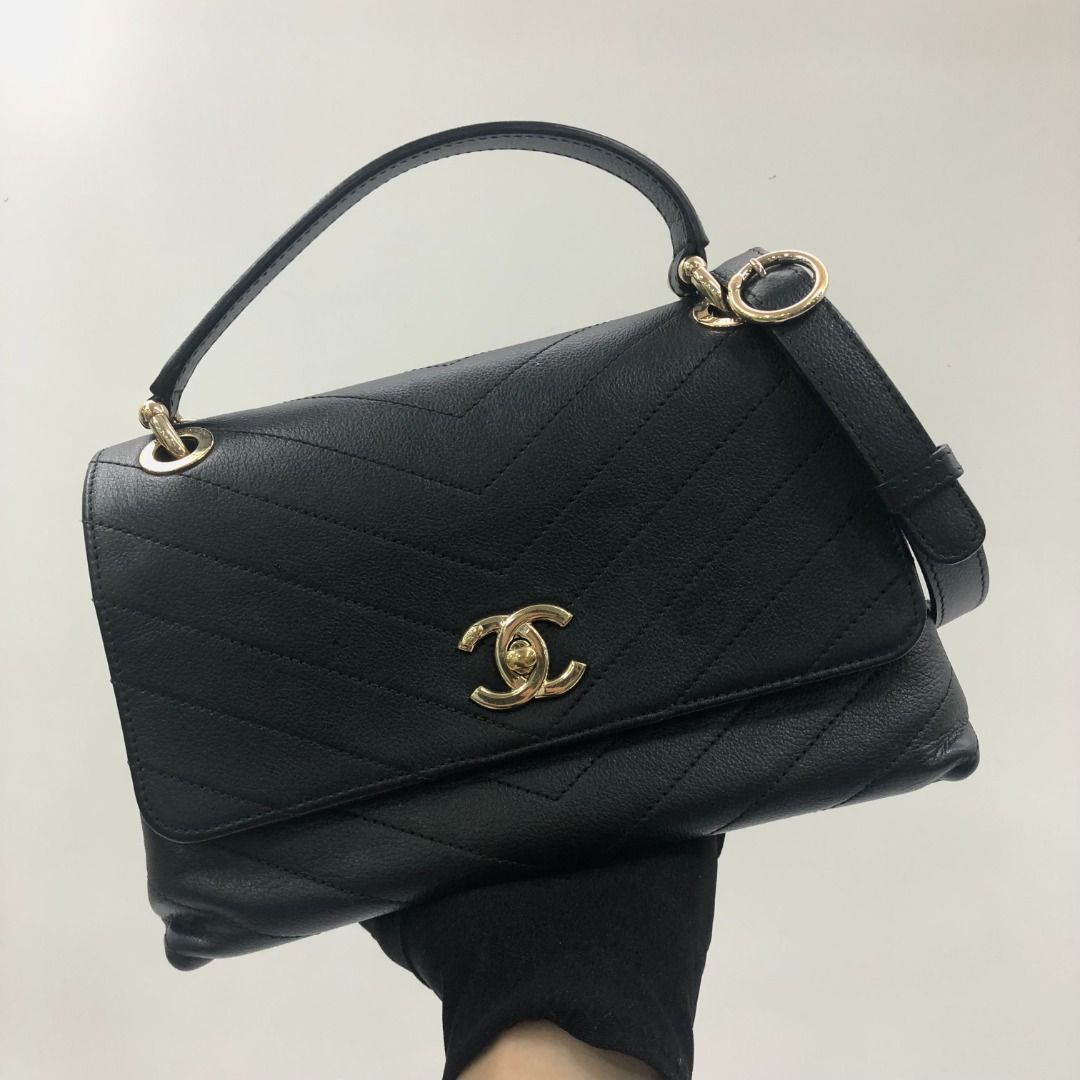 Chanel Chevron Chic Top Handle Flap Black Calfskin Shoulder Bag
