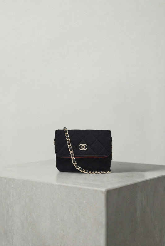 Chanel Black Cotton / Jersey Mini Clutch on Chain Novelty Bag RFID