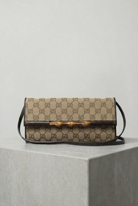 Gucci Beige Canvas Bamboo GG Pouch Shoulder Bag
