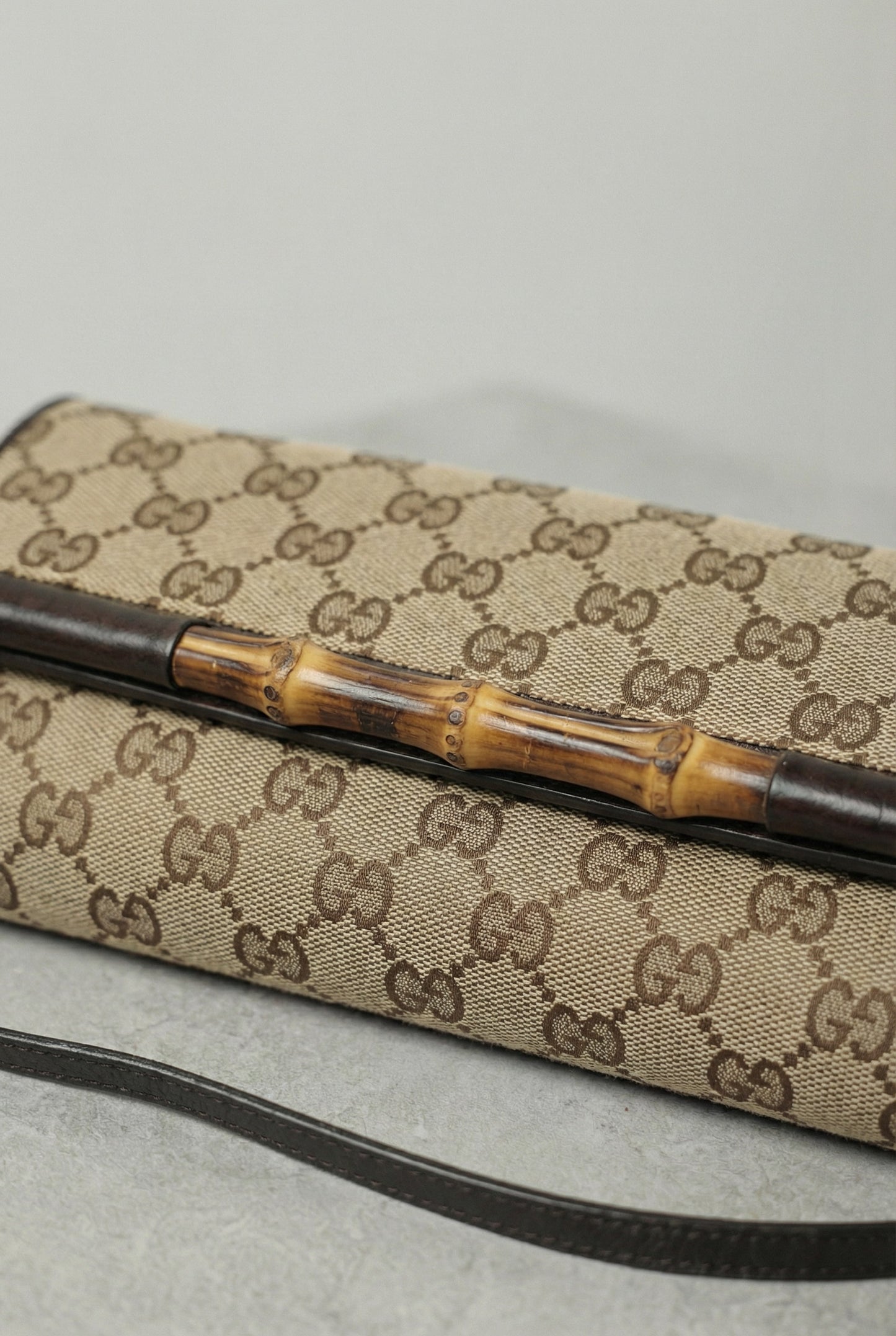 Gucci Beige Canvas Bamboo GG Pouch Shoulder Bag