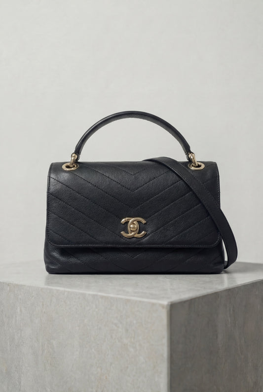 Chanel Chevron Chic Top Handle Flap Black Calfskin Shoulder Bag